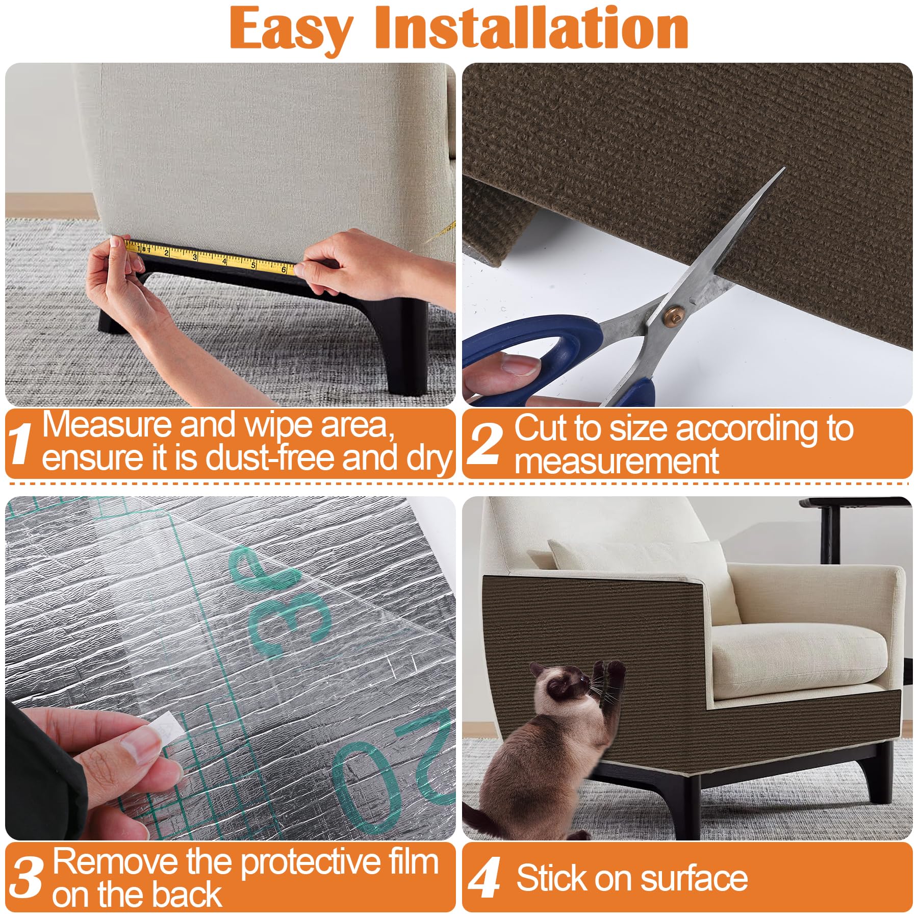 Inchoco Cat Sofa Scratch Furniture Protector - 100'' X 15.8'' Trimmable Self-Adhesive Cats Claws Scratch Pads, Cat Diy Climbing